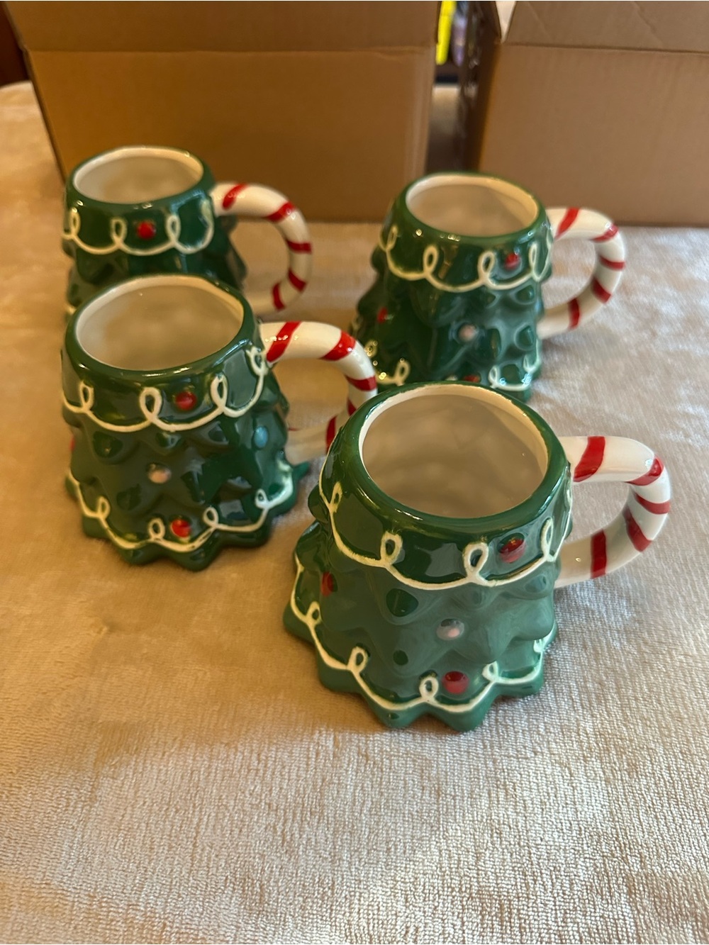 Holiday Green Christmas Tree Ceramic Mug with Candy Cane Handle set of 4